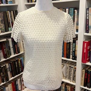 Tory Burch Cream Cropped Fitted Short Sleeve Blouse